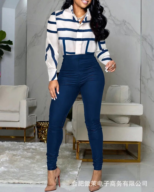 Women Shirt Pants Set Elegant Print High Waist Long Sleeve Two Piece Sets Female Office Lady Single Breasted Trousers Suits