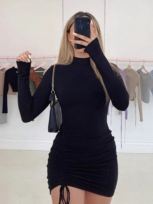 Long Sleeve Ruched Bodycon Dress Women Turtleneck Bandage Mini Dresses Autumn Black Skinny Stretchy Party