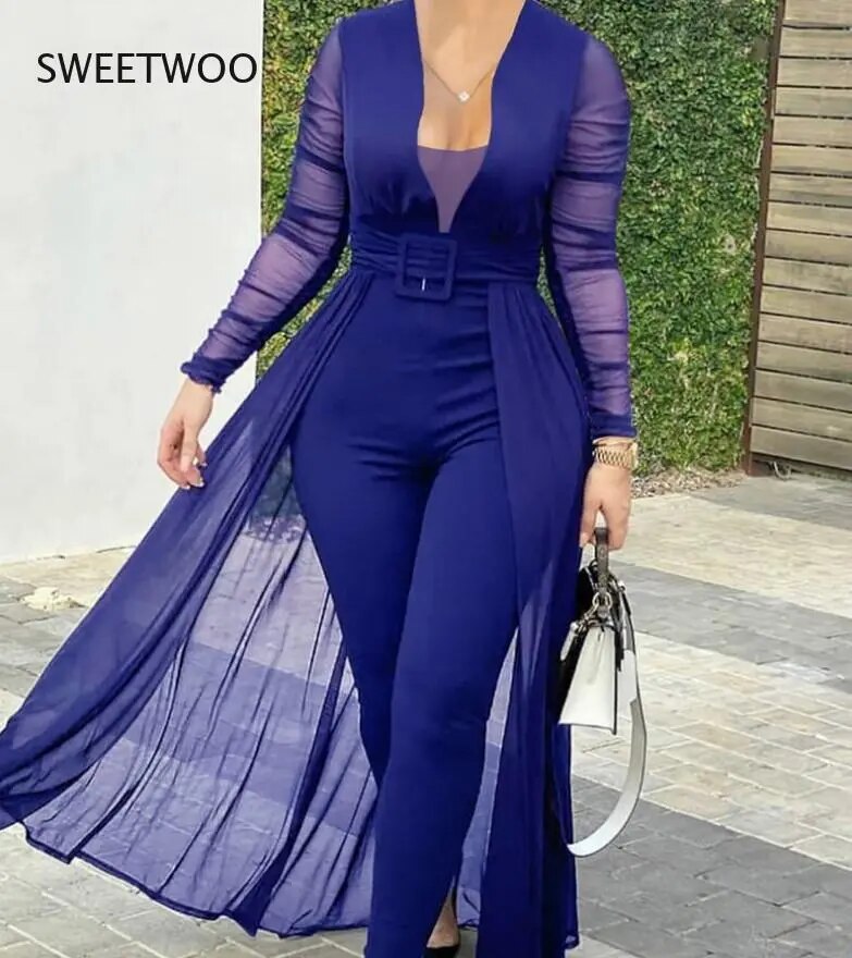 Summer Ladies Fashion and Elegant Long-Sleeved Mesh Bodysuit Formal Party Jumpsuit Transparent Mesh Party Jumpsuit