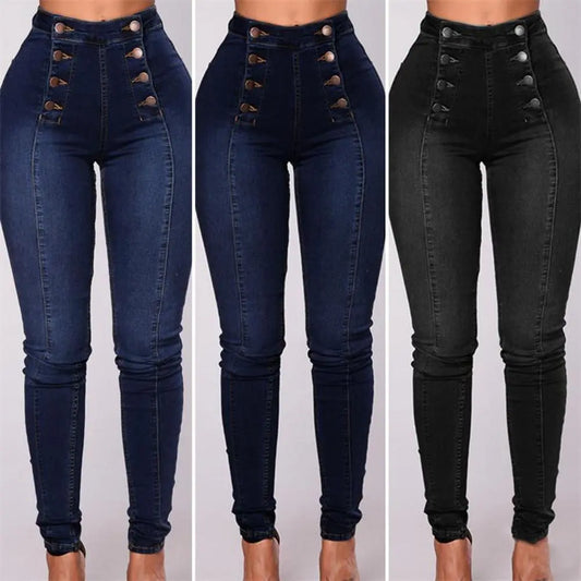 Women High Waist Pencil Jeans Vintage Skinny Double-breasted Pockets Push Up Full Length Denim Pants Trousers Female Clothing