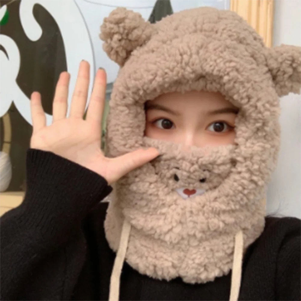 Winter Cartoon Hat Bear Ear Lamb Beanie Hats Warm Thickened Ear Protection Beanies For Women Girl Kawaii