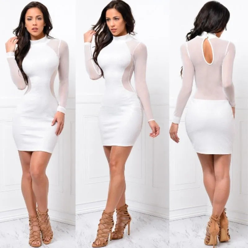 Women Sexy Bodycon Dress Evening Party Cocktail Dress Transparent Long Sleeve Clubwear Dress