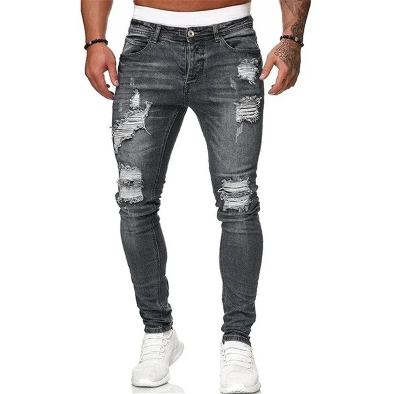 Men's Casual Pants Ripped Spring And Autumn Sports Jeans Pocket Straight Street Run Soft Denim Neutral