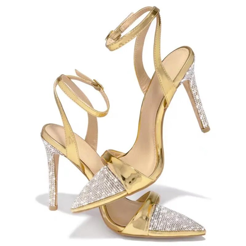 Women's Sandals 2023 Summer New Design Luxury Crystal Strap Leather High Heels Fashion Sexy Party Gold Pointed Toe Stiletto Heel