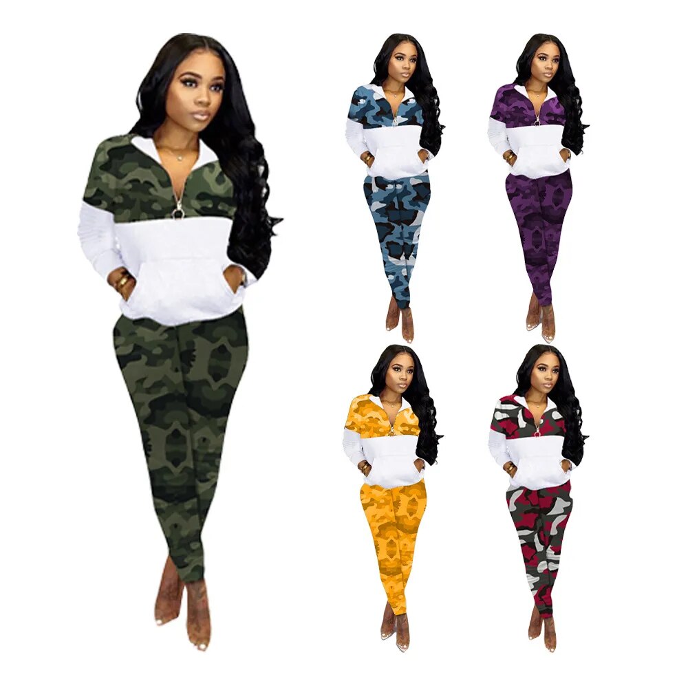 Two Piece Sets Womens Outifits Casual Camo Print Long Sleeve Top & Ladder Cutout Pants Set Sweatpants Sweatshirt Sets Autumn