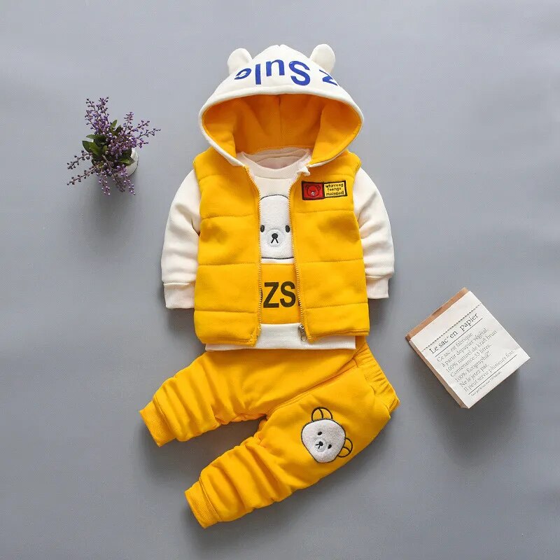 New Autumn Winter  Baby Girl Clothes Children Boys Thickened Hooded Vest T-Shirt Pants 3Pcs/Sets Toddler Costume Kids Tracksuits