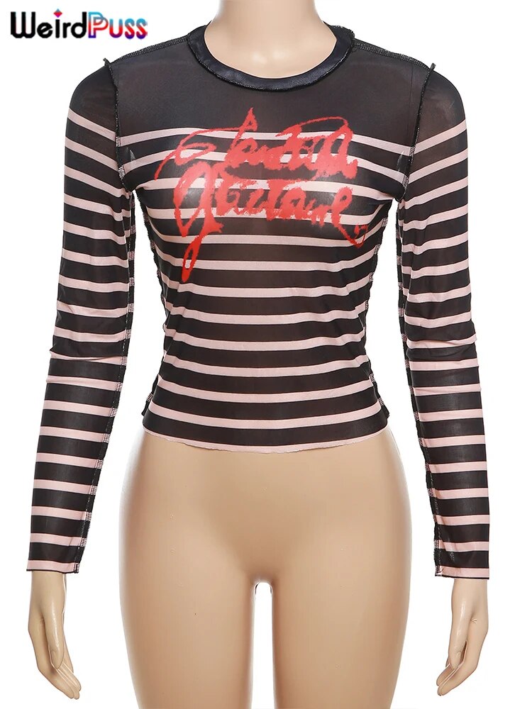 Weird Puss Letter Print Striped Women Crop Tops Sexy Mesh Fashion o-Neck Long Sleeve t-Shirt Wild Hipster Streetwear Skinny Tees