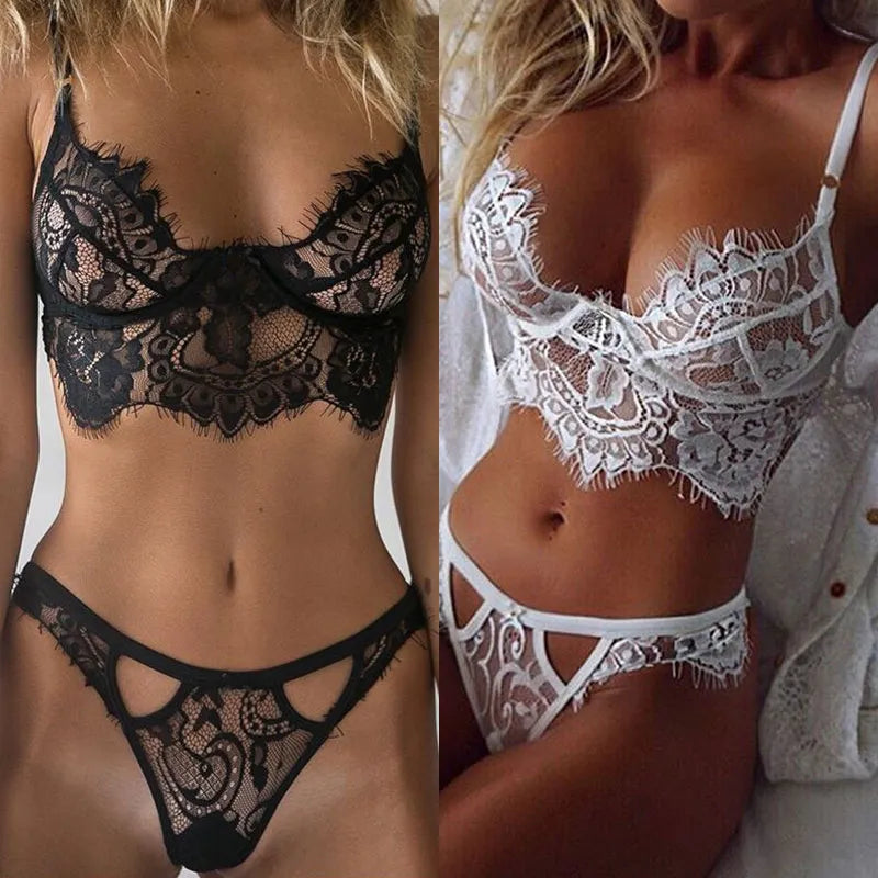 Sexy Thin Lace Underwear Suits Transparent Lingeries Flower Print Lingeries Bodysuit Bras Soft Women Deep V Sleepwear