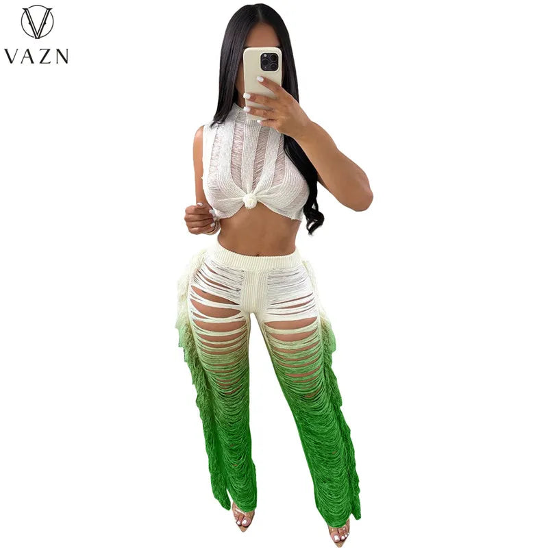 VAZN 2023 Sexy Street Style Women Sets Sleeveless Round Neck Short Top Elastic Long Pants Lady Broken Hole Lady 2 Piece Set