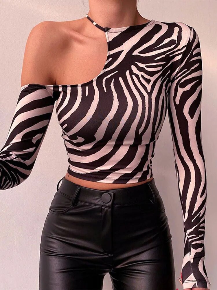 Women's T-shirt Long Sleeve Strapless Irregular Zebra Print Top 2023 Spring New Product Short Top Y2K Tees Streetwear Newgirls