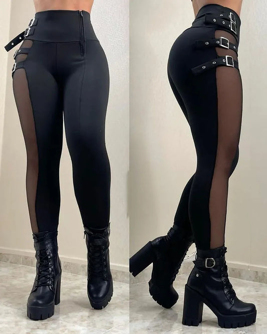 Mesh Patch Buckled High Waist Pants Women Black Solid Color Sexy Fashion Casual Ankle Length Pencil Pants