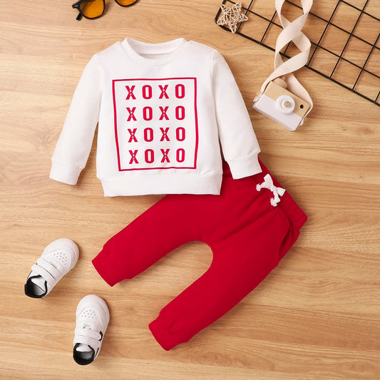 Two-Piece Autumn  Winter Newborn Infant Baby White Long-Sleeved Top+ Red Pants Suit Kids Clothing