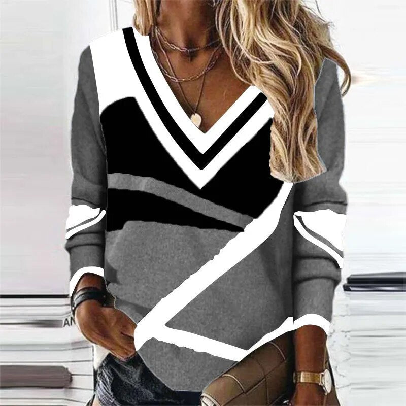 Sweater 2023 Autumn New Fashion Trend Elegant Office Clothing V Neck Contrast Geometric Print Loose Casual Long Sleeve Pullover