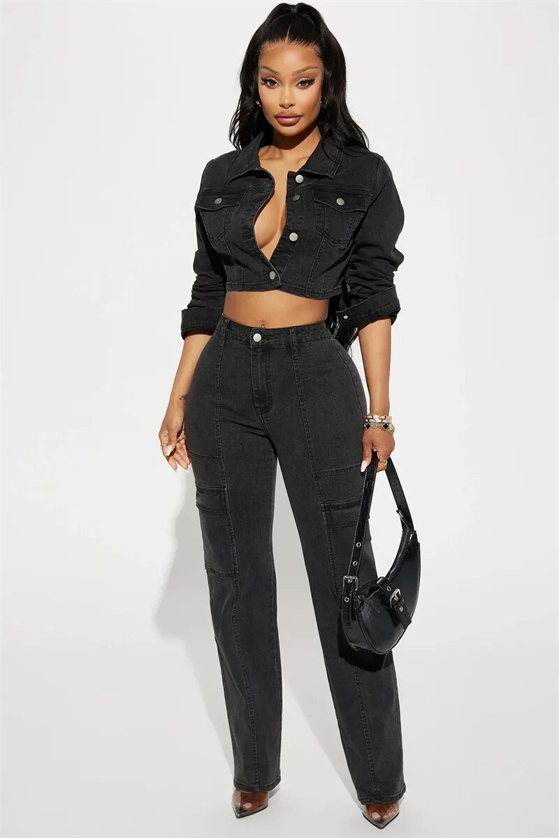 Vintage Denim Tracksuit Women Two 2 Piece Set Outfits Autumn Clothing Fashion Crop Top and Pants Suit Streetwear Jean Woman Sets