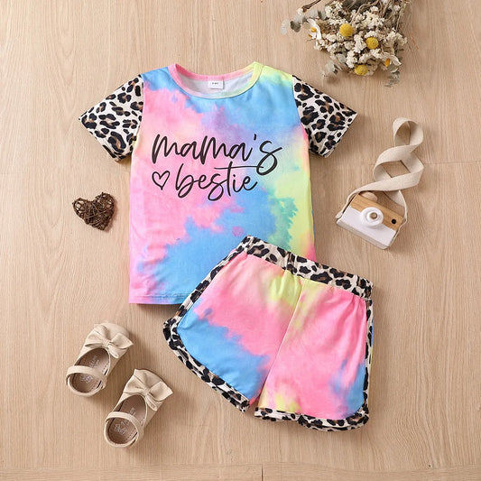 Summer girls short-sleeved suit leopard print letter print top shorts European and American style cotton kids clothing