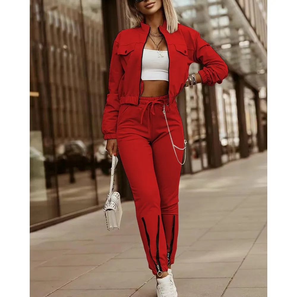 LKF New Sports and Leisure Women's Set Long Sleeved Jacket Drawstring Zippered Leggings Street Style 2-piece Set