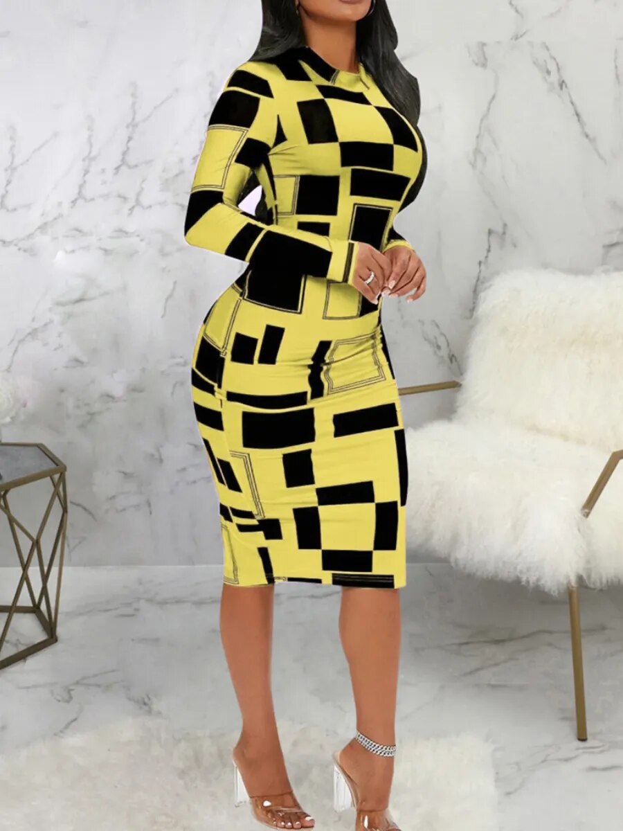 LW SXY Geometric Print Patchwork Bodycon Dress Mock Neck Body-shaping Long Sleeve Stretchy Women Skinny Streetwear Clothing