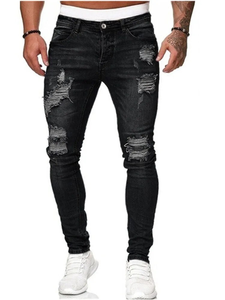 Men's Casual Pants Ripped Spring And Autumn Sports Jeans Pocket Straight Street Run Soft Denim Neutral