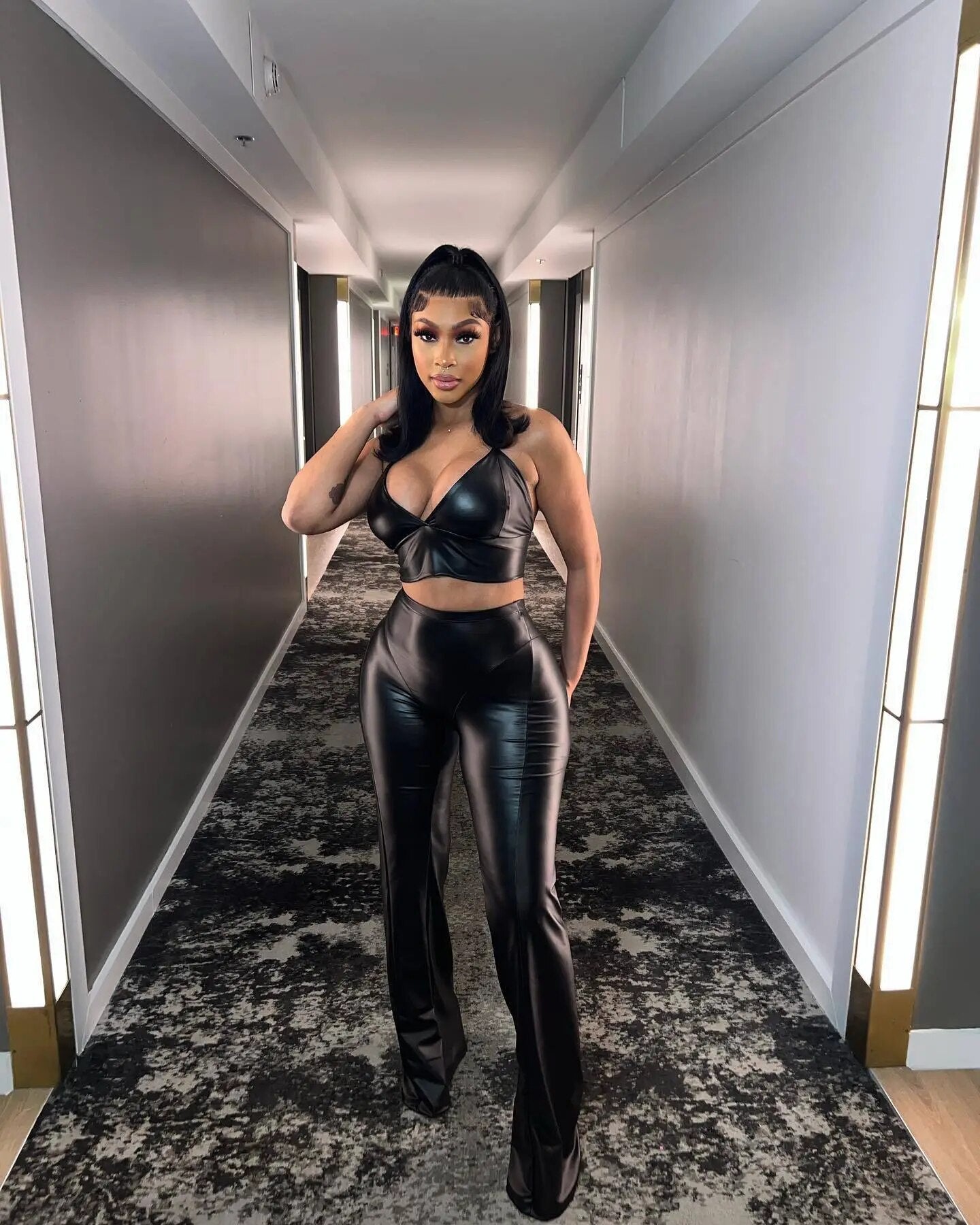 Sexy Leather PU 2 Piece Pant Set Outfits Black Long Trousers 2023 Women Summer Clothing Elegant Luxury Crop Tops Two Piece Sets