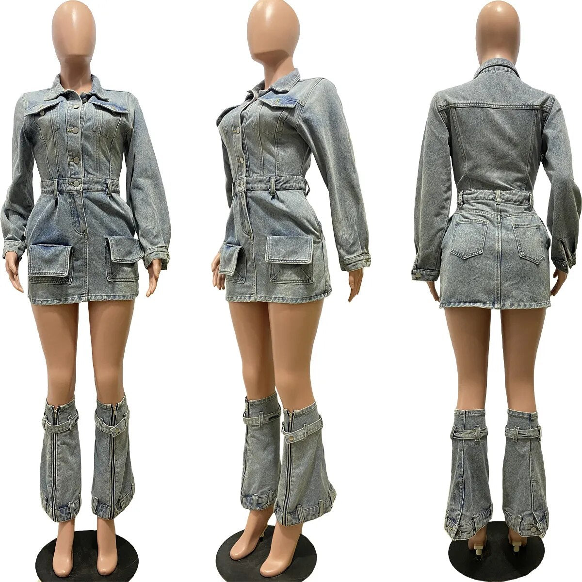 Sexy Denim Cargo Pocet Dress 2 Piece Sets 2023 Women Winter Fall Clothes Y2K Jean Mini Dress Two Piece Set Outfit