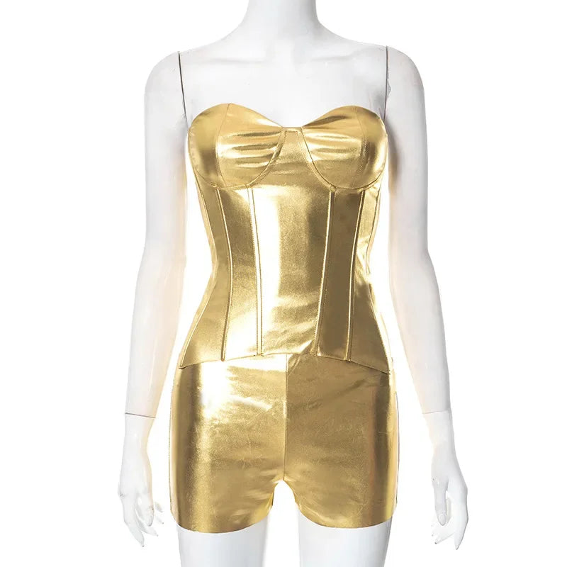 Metallic Gilding Faux Leather Two Piece Set Women Sexy Strapless Corset Crop Tops Elastic Waist Shorts Party Clubwear Suits