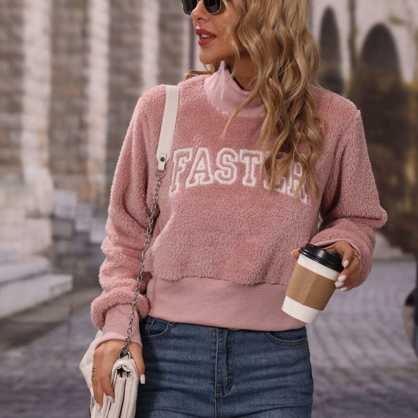 Pink Pullover Women O Neck Long Sleeve Letter Printed Ice Cream Powder Double Faced Velvet Sweater Korean Fashion Winter Clothes