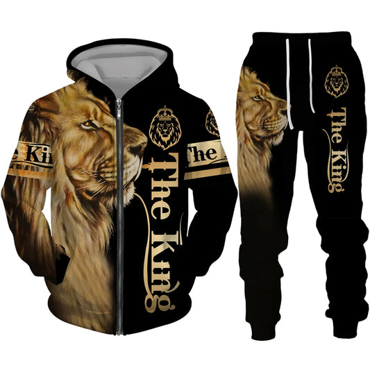 Men's sports zippered hoodie set powerful lion print hoodie set spring and autumn coat outdoor sports clothing  couples sweaters