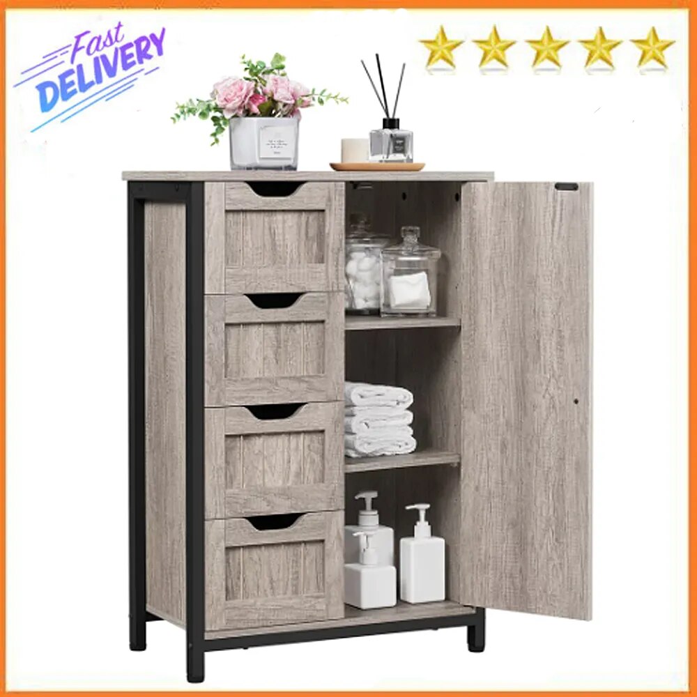 SMILE MART 32.5" Height Wooden Bathroom Floor Cabinet Storage Organizer with 4 Drawers, Gray