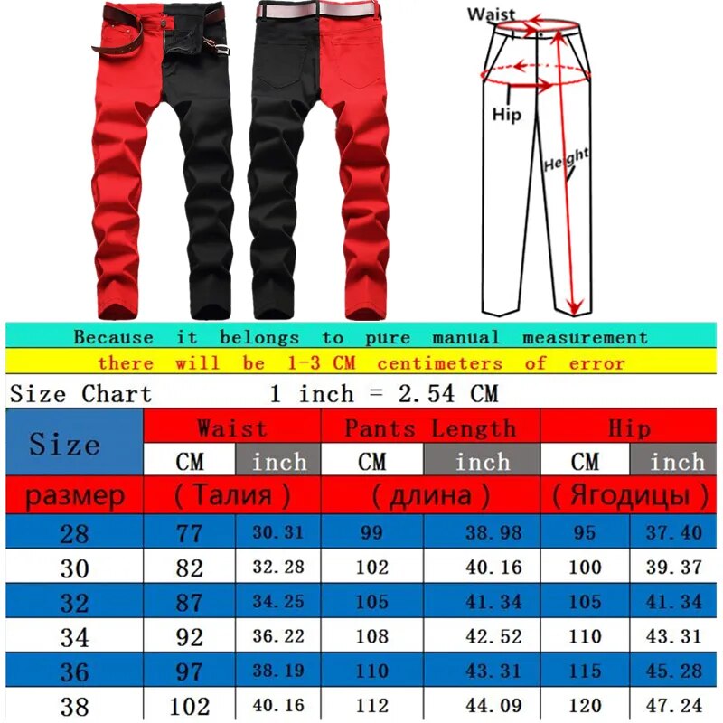 Two Colors Spliced Into Jeans Men's Fashion Casual Trousers and Shorts Red Green Yellow Denim Pants 28-38