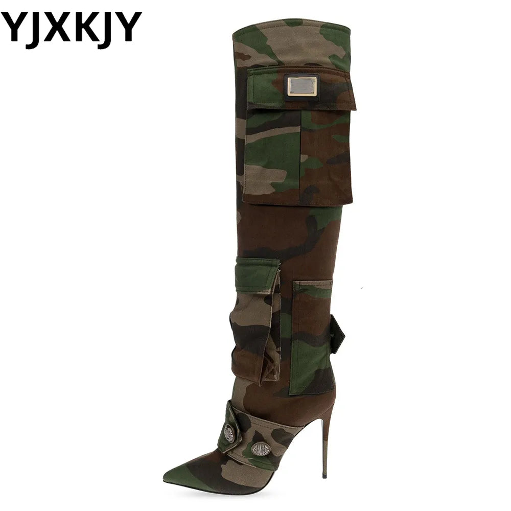 YJXKJY 2023 New Female Camouflage Bag Knee Length Boots Canvas Stiletto High Heel Buckle  Pointed Toe Women‘s Big Size 43 Shoes