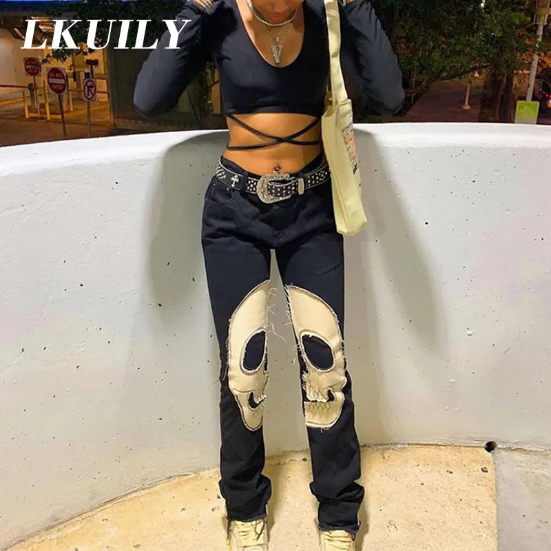 Skull Vintage Printed Jeans Women High Waist Y2K Streetwear 90S Baggy Jeans Pants Denim Trousers Harajuku Cargo Straight Jean