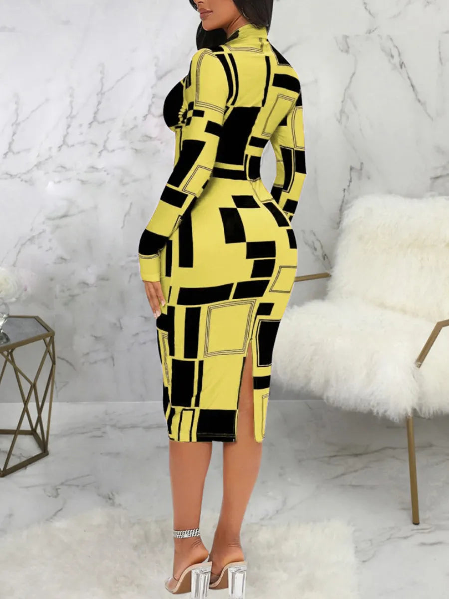 LW SXY Geometric Print Patchwork Bodycon Dress Mock Neck Body-shaping Long Sleeve Stretchy Women Skinny Streetwear Clothing