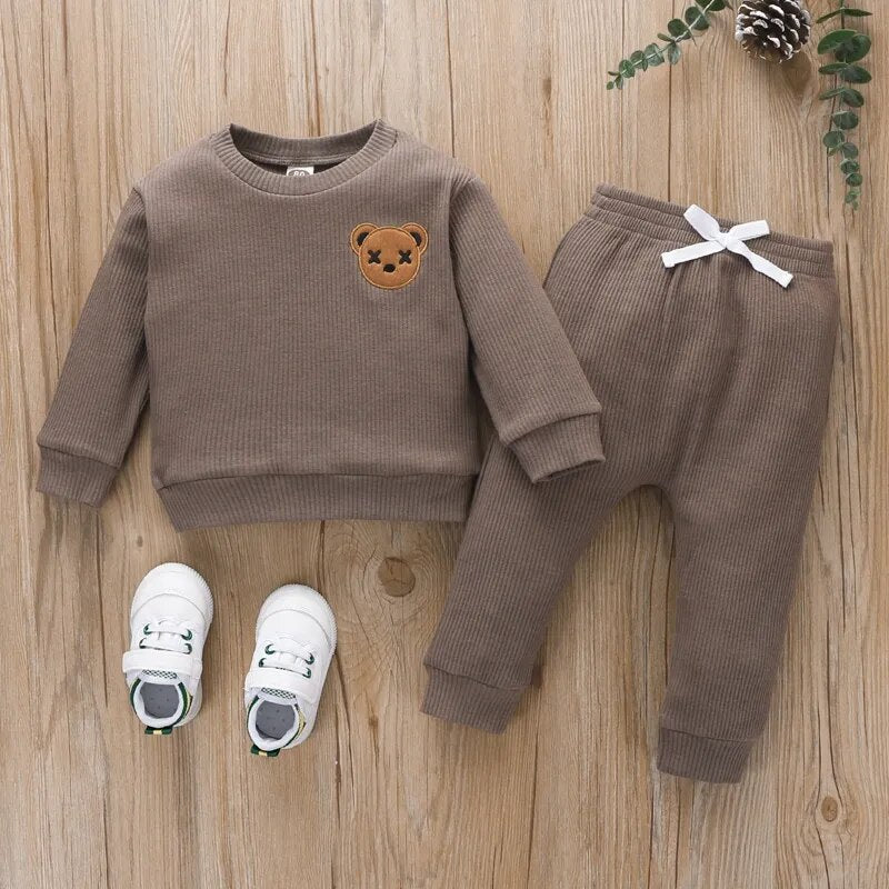 Toddler Boys Clothes Set Round Neck Long Sleeve Embroidered Bear Patch Tops Elastic Waist Long Pants Kids Autumn Casual Outfit