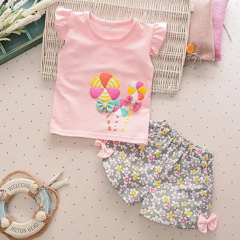 Summer Baby Girls T-shirt Set Windmill Printed Short Sleeves Flower shorts Floral Wide-Leg Hot Pants Kids Girls Clothing Suit