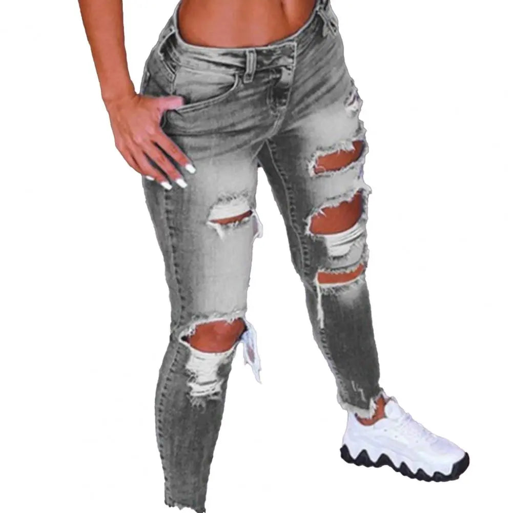 Women Fashion Hip Hop Broken Holes Denim Jeans Cord Ripped Pencil Pants