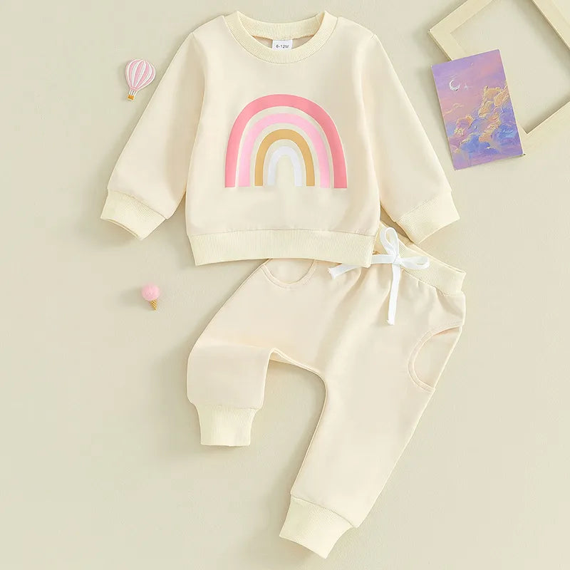 Two pieces Kids Suit Autumn Baby Girls Boys Outfits Cute Rainbow Print Long Sleeve Sweatshirt Top Pants Set For Toddler Clothes