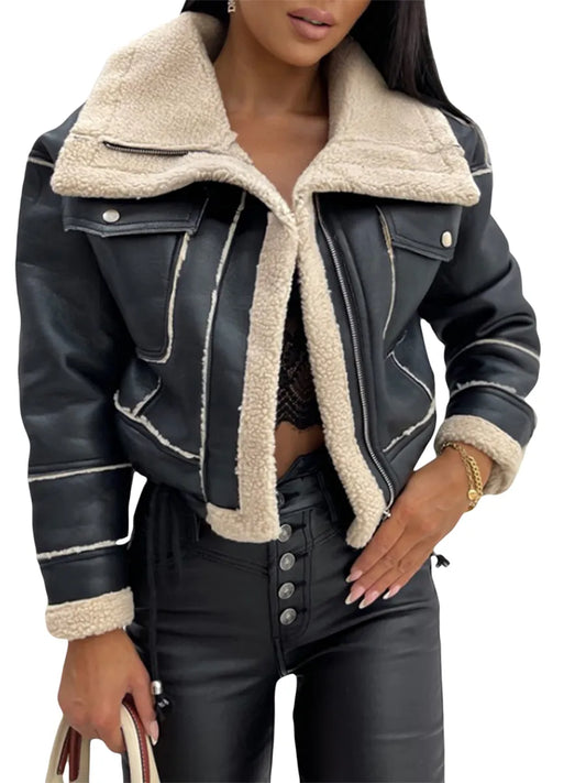 Women Faux Leather Biker Jacket with Faux Fur Trimmed Collar Vintage Moto Coat Warm Winter Outerwear