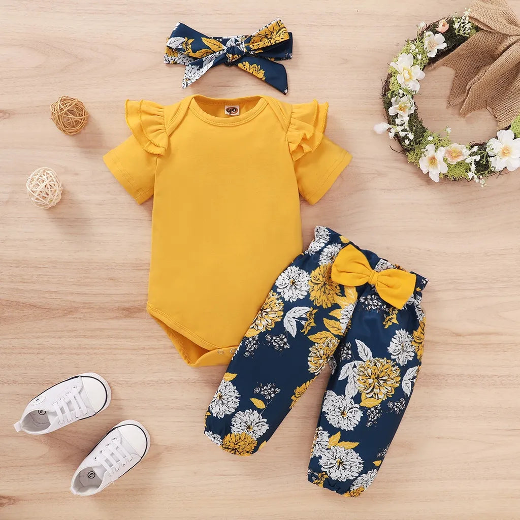 Newborn Baby Girls Clothing Set Infants Baby Girl Short Sleeve Bodysuit + Floral Pants with Bow + Headband 3PCS Outfit