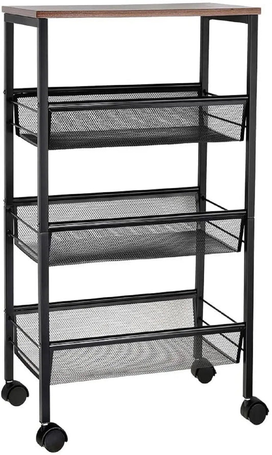 Rustic 3-Tier Metal Wire Storage Kitchen Cart on Wheels, Black by Haitral