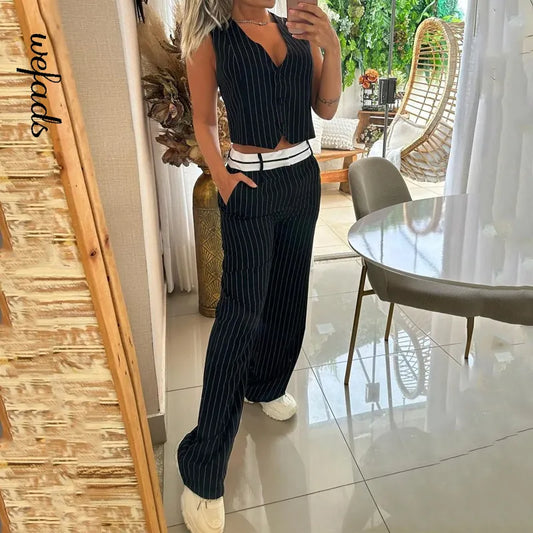 Wefads Two Piece Set For Women Commuting V Neck Sleeveless Strip Printed Single Button Top Straight Pants Sets Streetwear