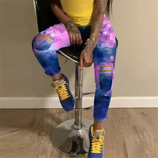 Sexy Ripped Jeans For Women Tie Dye High Waisted Jeans Fashion Clothes For Women Plus Size Jeans Denim Pencil Pants Trouser