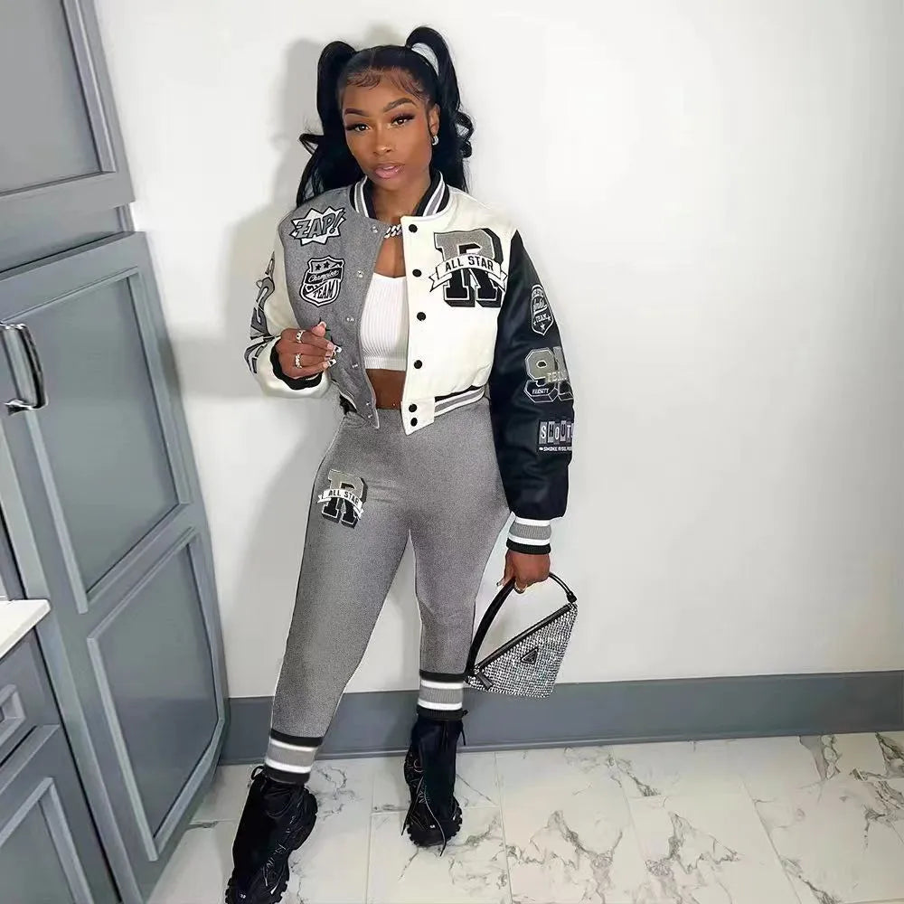 Leosd Autumn Winter Varsity Tracksuit 2 Piece Sets Women Long Sleeve Single Breasted Jacket + Long Pants Letter Printed Outfits 2 piece