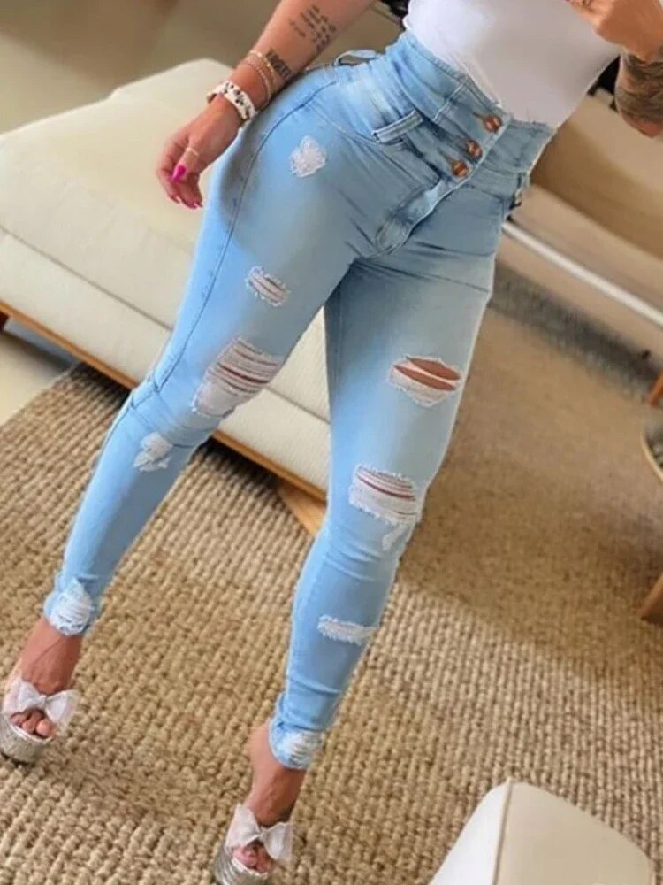 Women's Jeans Trend Autumn 2023 Fashion High Waist Buttoned Cutout Ripped Casual Skinny Plain Pocket Design Daily Jeans