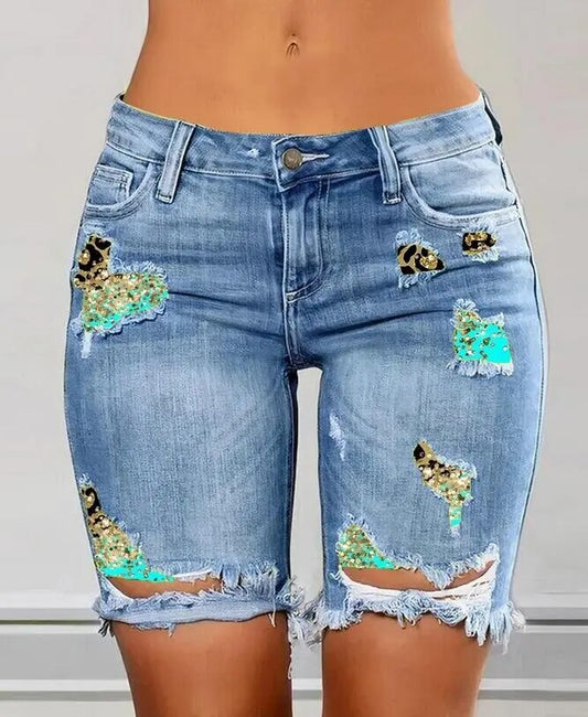 Wepbel Summer Sexy Ripped Jeans Colorblock Letter Print Short Jeans Ripped Fake 2 Piece Denim Shorts Women Ripped Denim Shorts shorts