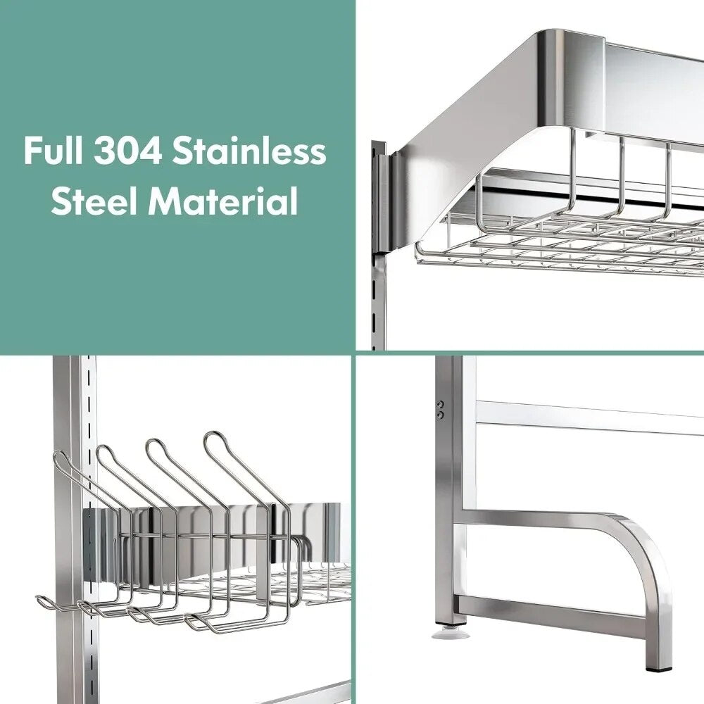 Over Sink Dish Drying Rack, 3 Tier Full 304 Stainless Steel Large Dish Drainer for Kitchen, Height Adjustable Above Sink Shelf