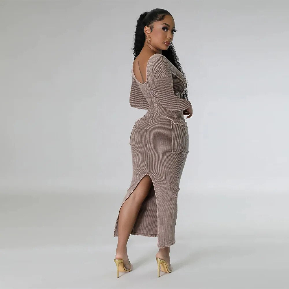 Knitted Rib Solid Long Dress for Women Elegant Square Neck Long Sleeve Back Slit Bodycon Sexy Night Club Party Dresses Robe