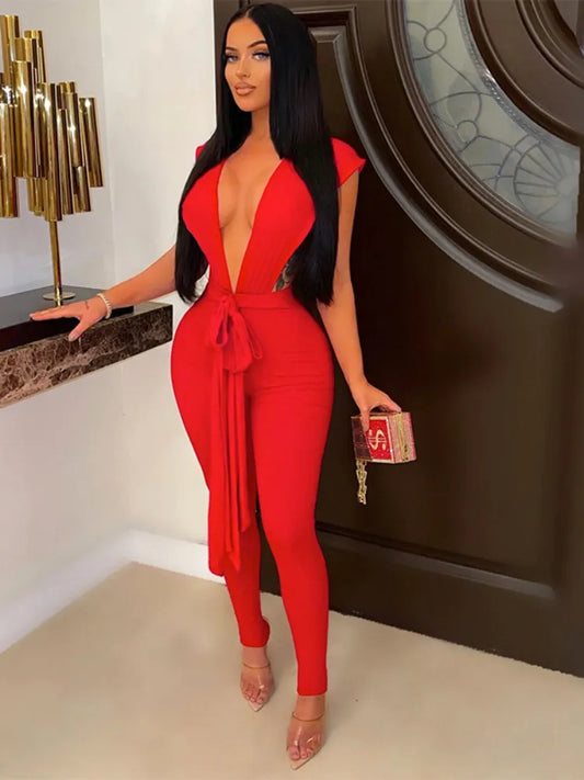 V-neck Skinny Jumpsuit Women Red Lace Up Strings Baddies Pant Set Outfit Sexy Overalls Club Outfit Jumpsuits for Female Elegant