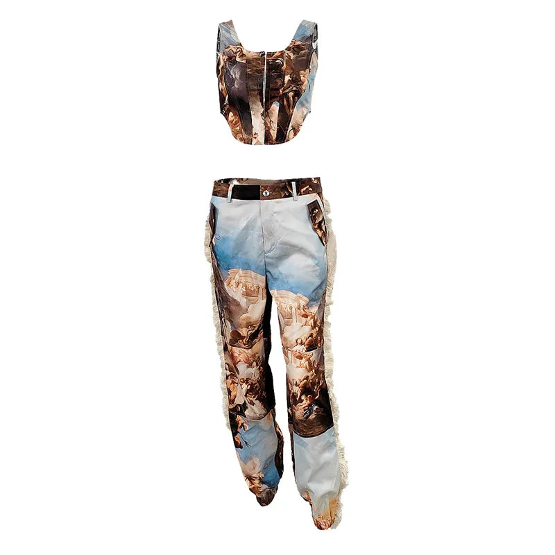 Tie Dye Print Camouflage 2 Piece Set Women Buttons Tunic Tanks Crop Top Side Tassel Jogger Pants 2023 Autumn Streetwear Suits