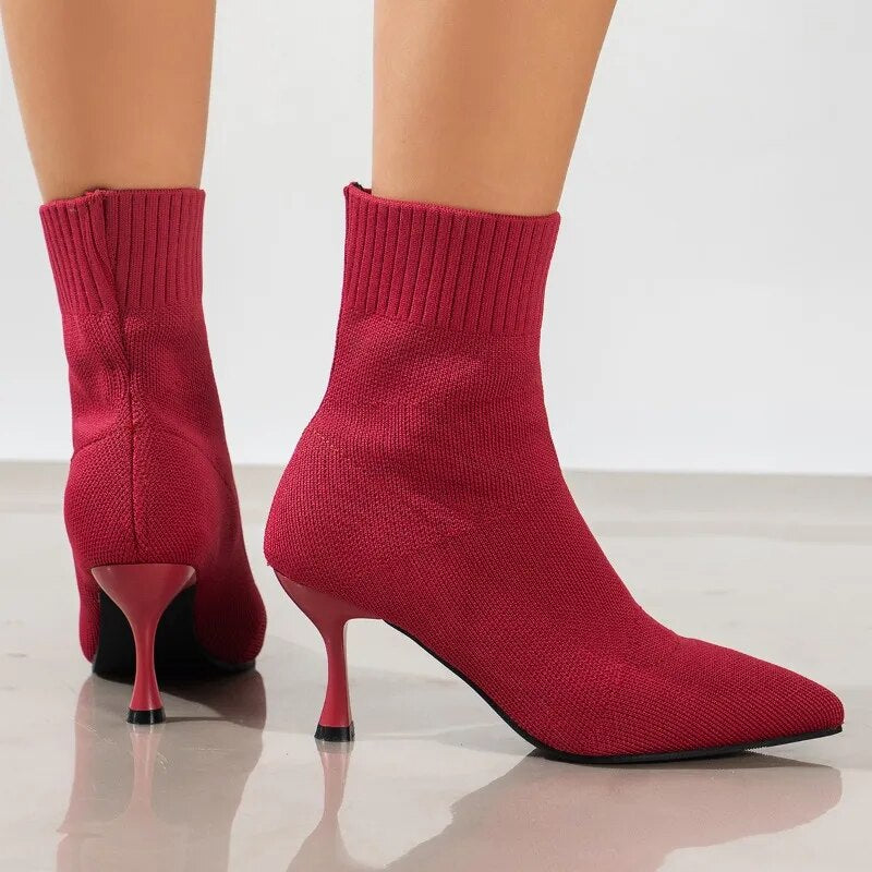 Women's Ankle Boots Winter Pointed Toe Women Stiletto Soft Elastic Fabric Slip-on Socks Booties Casual Ladies High Heels Botas