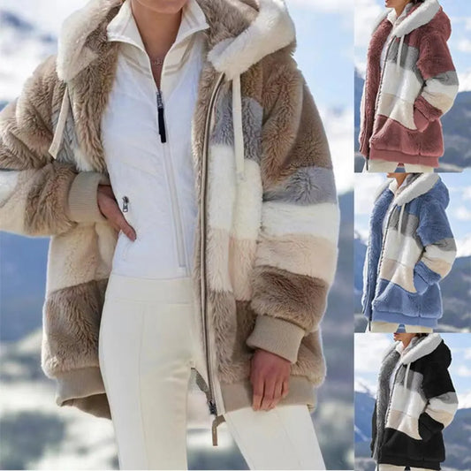 Women Fleece Hooded Coat Jacket 2023 Fashion Faux Fur Zip Up Outwear Elegant Warm Thick Plush Winter Jackets Female Clothes